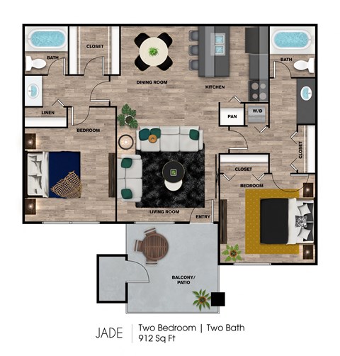 Floor plan for 2 beds, 2 baths, 912 sqft